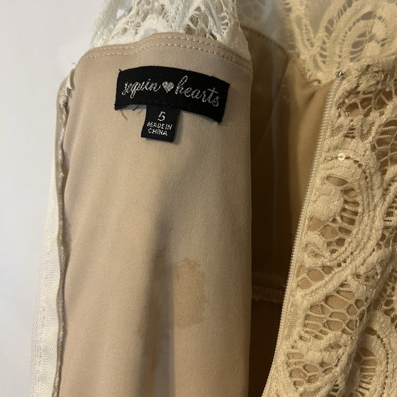 Sequin Hearts Cream Lace Sequin Homecoming Wedding Mini Dress Size 5 Stretchy - Picture 8 of 12